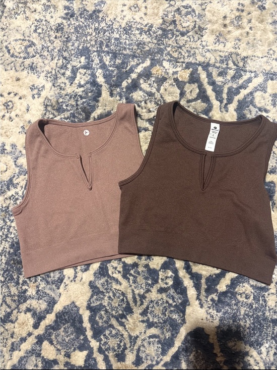 90 Degree By Reflex Tops - Pair of Women's Keyhole Ribbed Crop Tank Top s- Brown & Mauve